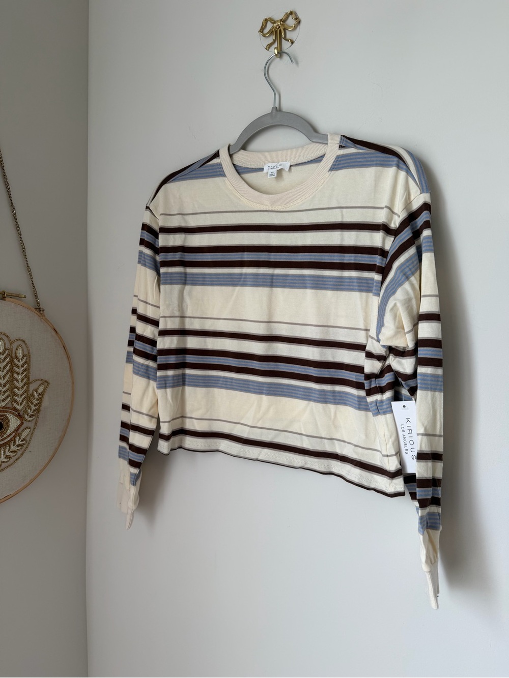 Cream blue Striped cotton Long-Sleeve shirt